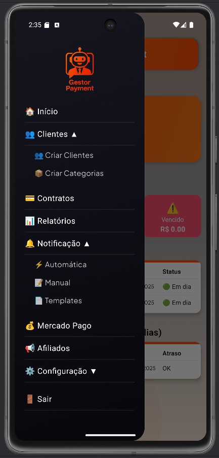 Menu lateral e navegação do app